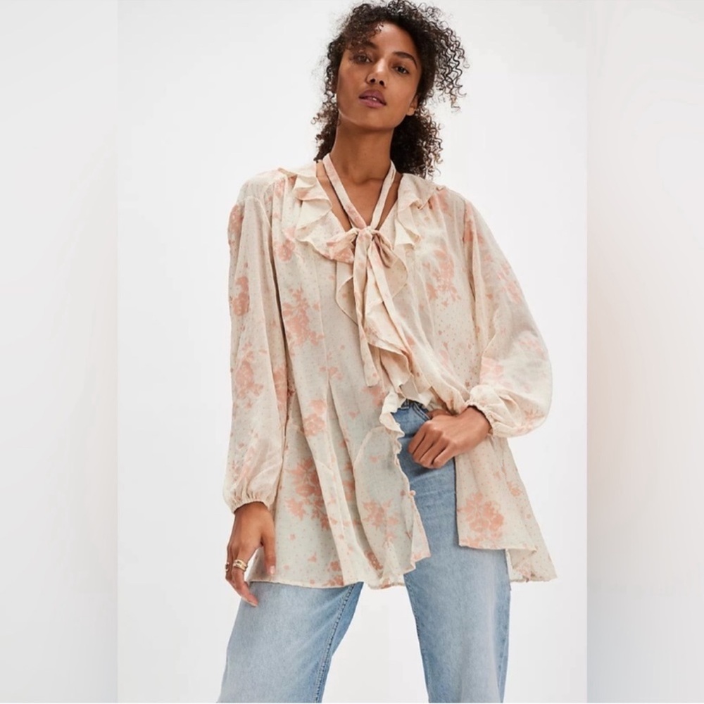 Free People Dreamland Oversized Floral Ruffle Tunic Blouse - Cream and Pink